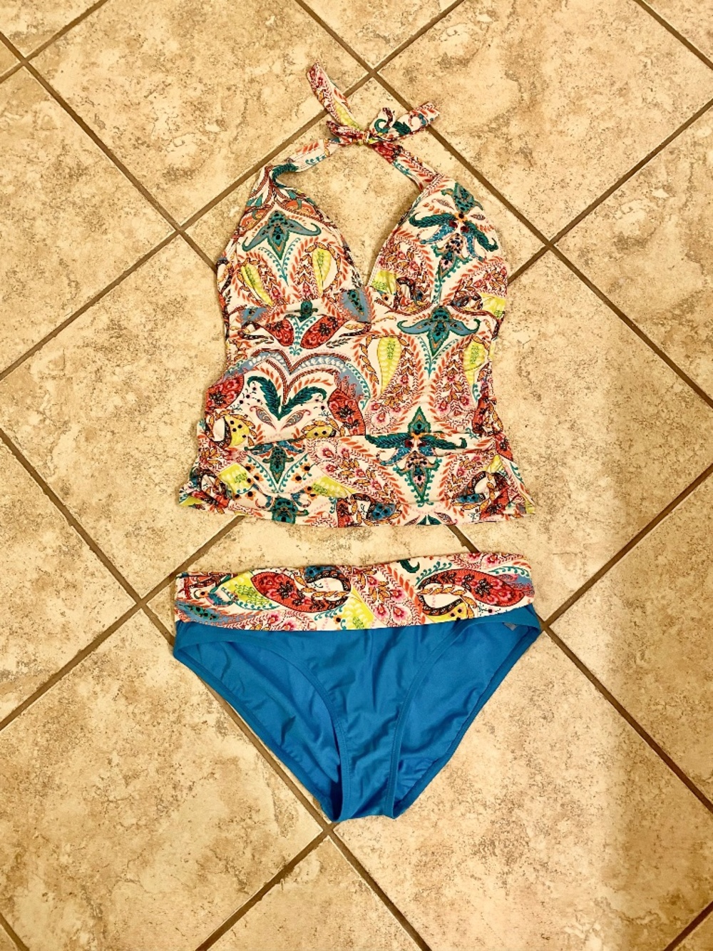 Turquoise / multi-color 2 piece swimsuit by Into The Blue size 12